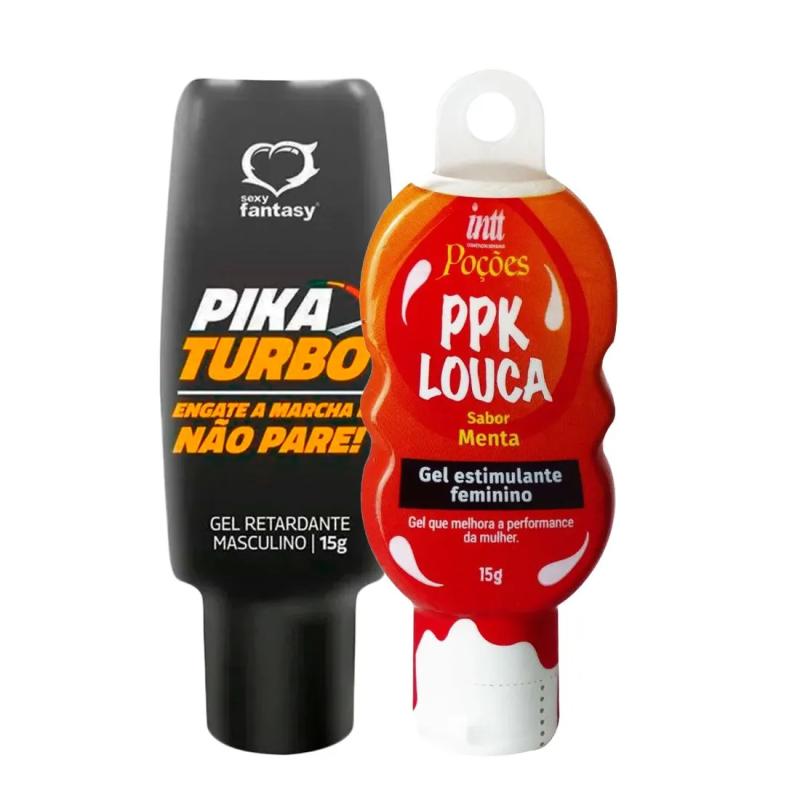 Duplinha com Pika Turbo Gel Retardante Masculino e PPK Louca Gel Estimulante Feminino